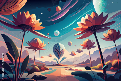surreal landscape with giant flowers and a sky 