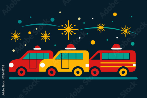 taxis and buses glowing in christmas themed wrap