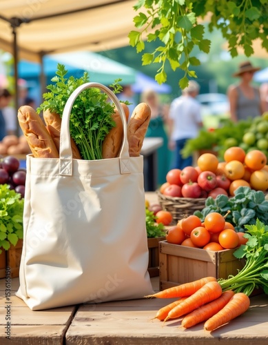A painting depicting a canvas bag filled with fresh bread and carrots at a farmers market