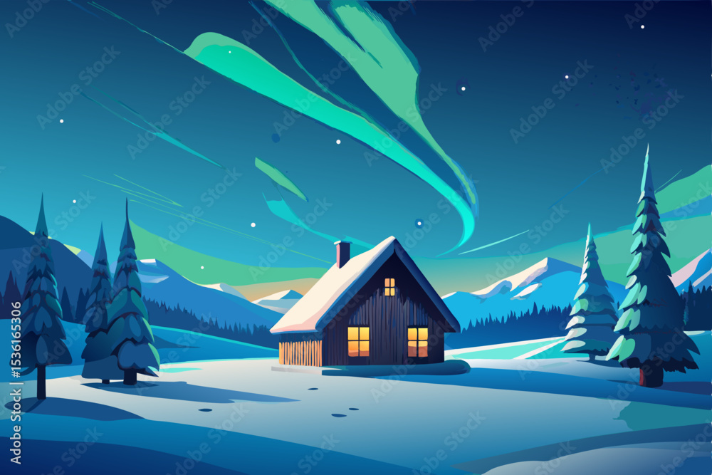 Fototapeta premium tiny cabin in a vast snowfield with northern light.svg