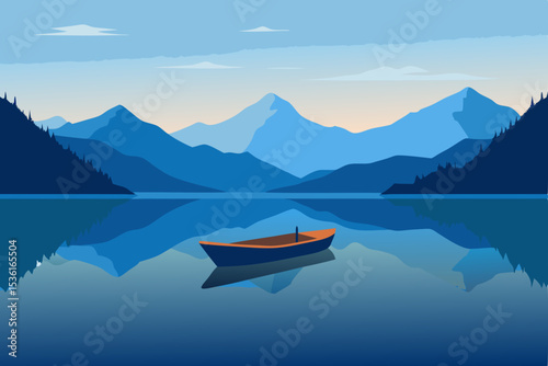 tranquil lake with a wooden rowboat and mountain 