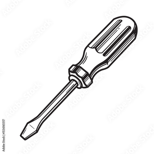 Detailed black and white silhouette illustration of a classic flathead screwdriver tool for various repair or construction projects, isolated on white.