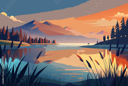 tranquil lakeshore at golden hour with reeds 
