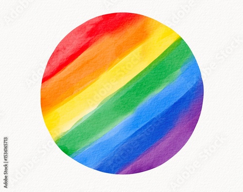 Circular pride design featuring hand-painted rainbow stripes in vibrant watercolor style, simple yet bold