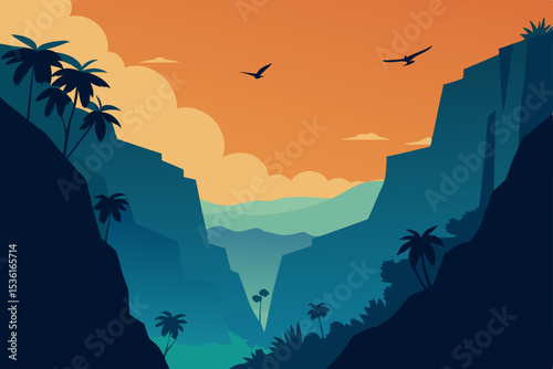 tropical cliffside view with birds soaring above 