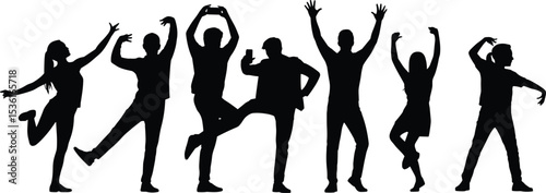 Silhouette of happy people dancing, celebrating, taking selfies, energetic poses, fun group activity, black vector illustration, isolated on white background