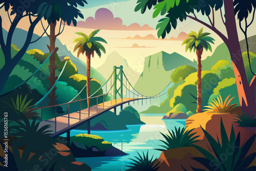 tropical forest scene with a hanging rope bridge 