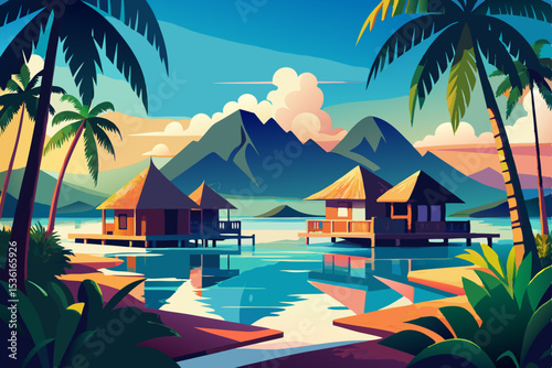 tropical lagoon with overwater bungalows and calm  