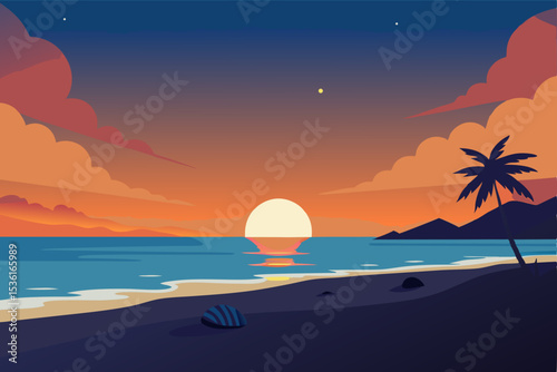 tropical sunrise over a quiet beach with seashells 