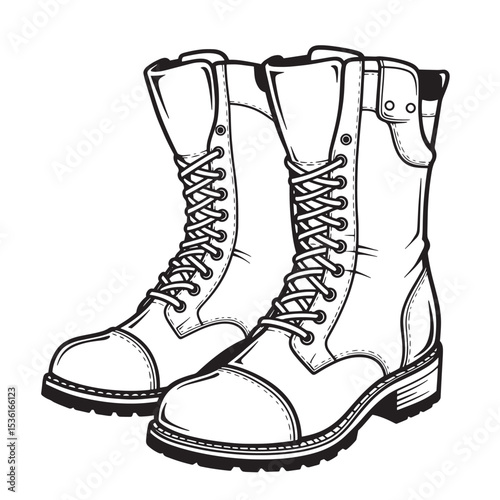 Detailed silhouette illustration of a pair of combat boots with intricate lacing and a classic design, perfect for apparel or branding.