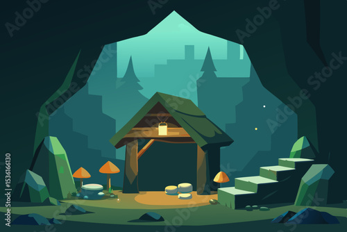 under bridge troll den living room with mossy rock