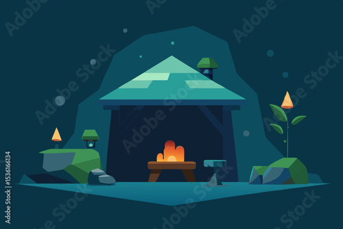 under bridge troll den living room with mossy rock.svg