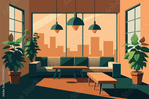 urban jungle living room with hanging planters  