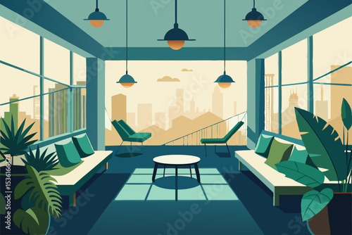 urban rooftop greenhouse living room with hanging .svg