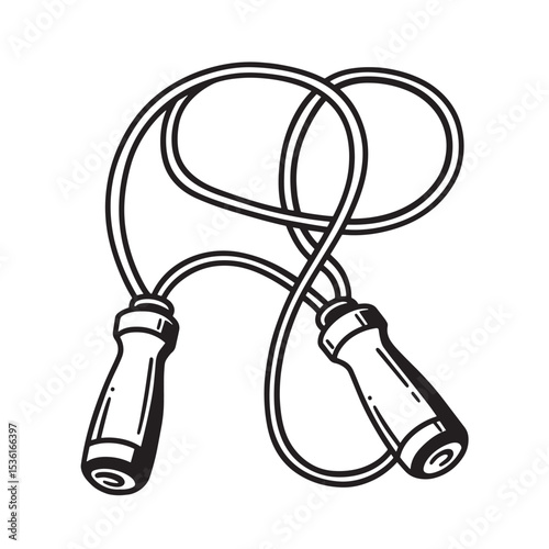 Hand drawn black and white silhouette illustration of a skipping rope used for physical fitness and exercise