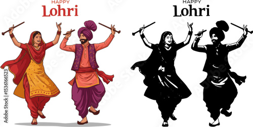 Indian man and woman in traditional dress performing folk dance on Lohri Festival
