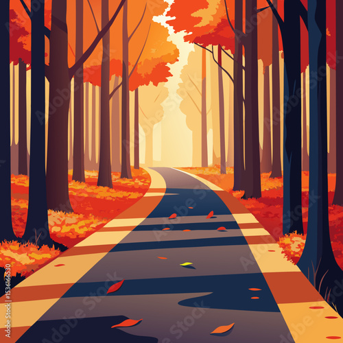 vibrant autumn forest path with falling leaves 