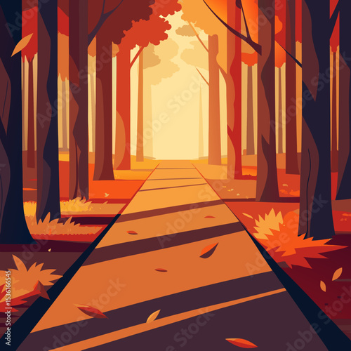 vibrant autumn forest path with falling leaves 