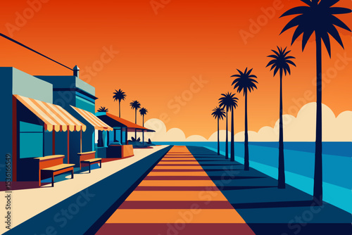 vibrant coastal boardwalk scene with shops 