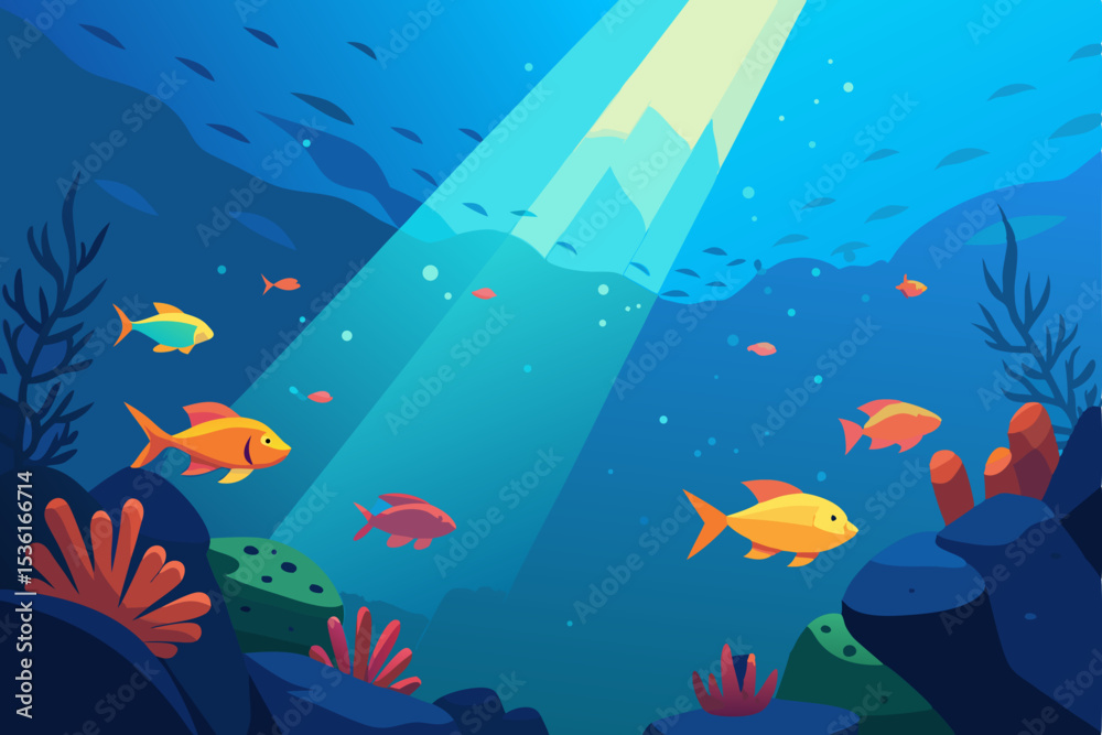 Fototapeta premium vibrant coral reef with colorful fish and sunbeams.svg