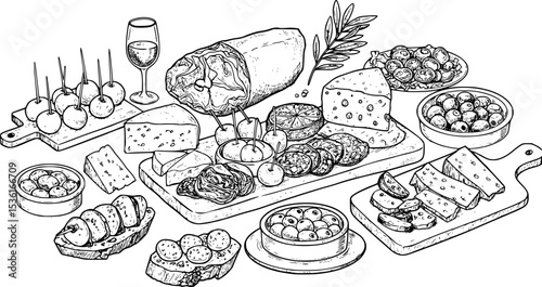 vector illustration of charcuterie board with cheese, appetizer, ham, olives, restaurant, tapas, spanish food
