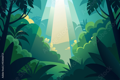 vibrant jungle canopy with beams of light cutting  