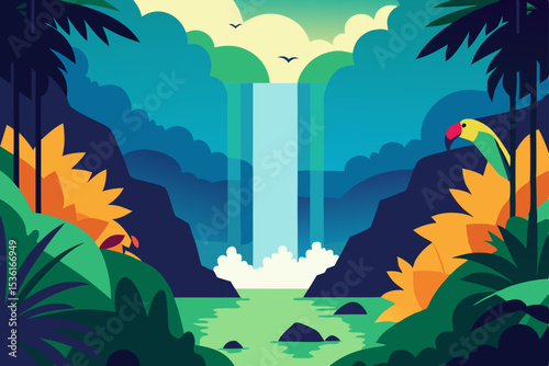 vibrant rainforest waterfall with toucans and orch