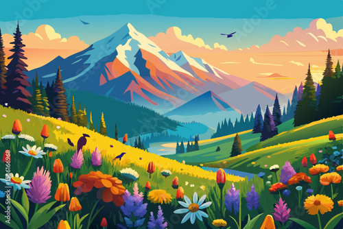 vibrant mountaintop meadow with wildflowers 