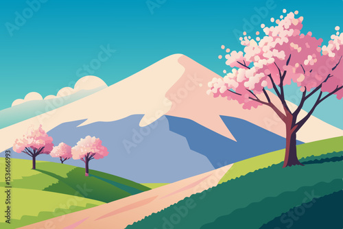 vibrant spring hillside with cherry trees in full .svg