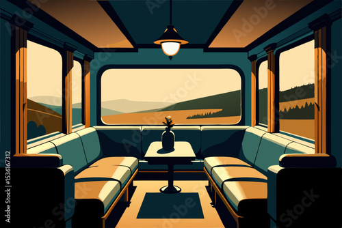 vintage train car living room with brass fixtures