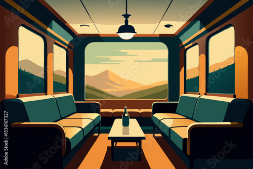 vintage train car living room with brass fixtures .svg