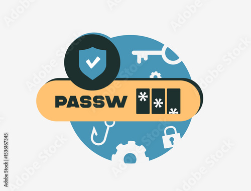 Password protection and cyber security with phishing. Two-factor authentication, data privacy for digital identity safety and secure access. Password protection flat vector illustration with icons
