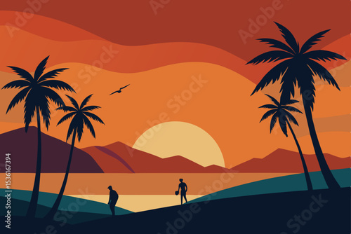 warm coastal sunset with silhouettes of surfers 