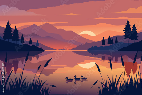 watercolor style lake with ducks and reeds at suns 