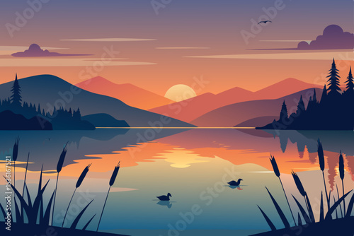 watercolor style lake with ducks and reeds at suns.svg