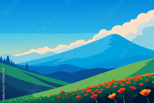 wildflower covered hillside with a bright blue sky.svg