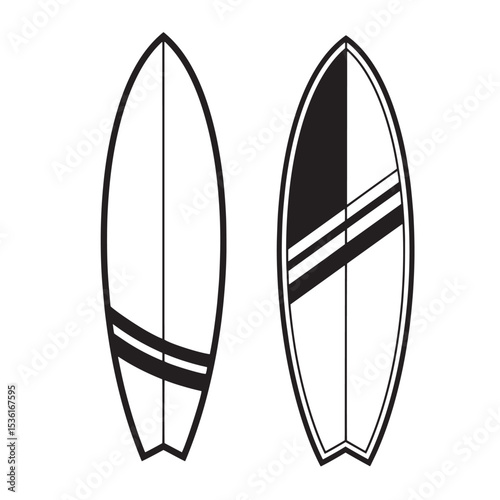 Two black and white vector surfboards silhouettes against a white background representing summer surfing adventures for a beach theme