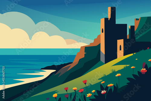 windswept clifftop ruins with wildflowers  