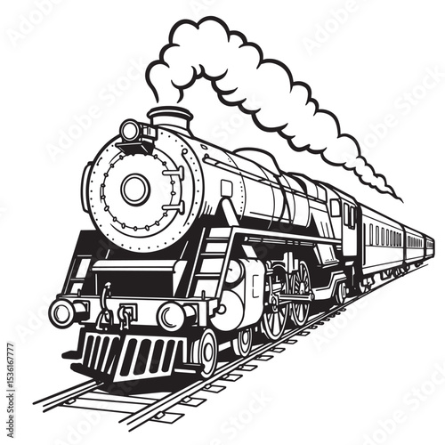 Vector illustration of a classic steam locomotive train traveling on tracks with billowing silhouette smoke for design and visual storytelling.