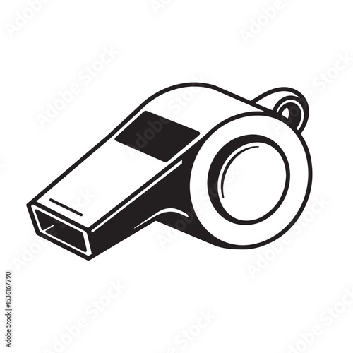 Vector illustration of a classic sports referee whistle in a clean minimalist black and white silhouette style.