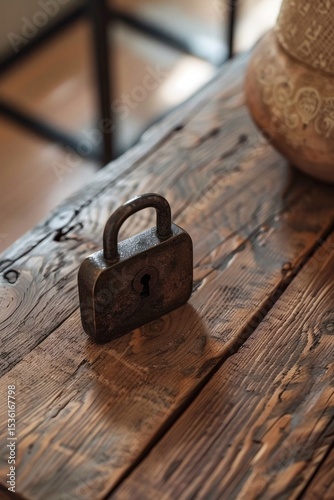 The bronze lock on the wooden table