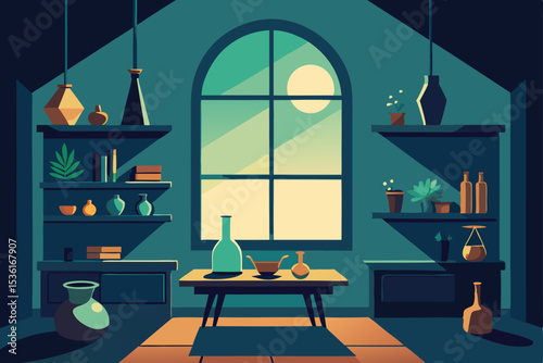 witch s sunroom living room with potion shelves  s.svg