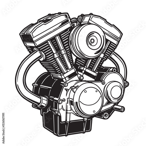 Vector illustration of a powerful v twin motorcycle engine in a detailed black and white silhouette perfect for mechanics enthusiasts