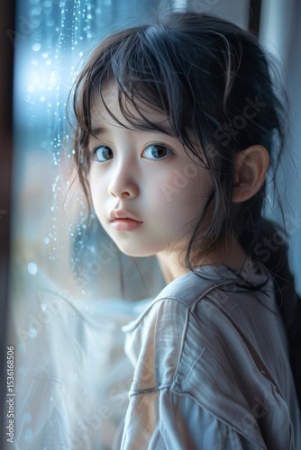 Melancholic asian girl by the window