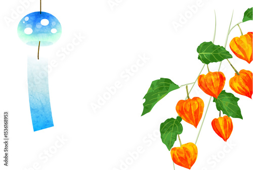 風鈴とほおずきの残暑見舞いはがき、横、イラスト、かわいい、夏