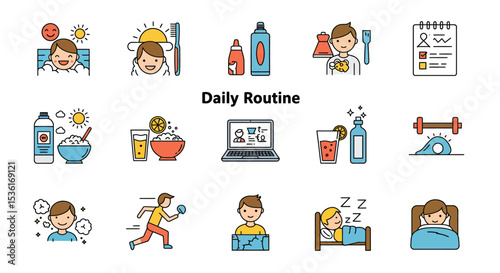 Daily Routine Icons Set in Flat Vector Style. A collection of daily activity icons including waking up, brushing teeth, eating, working, exercising, and sleeping. 