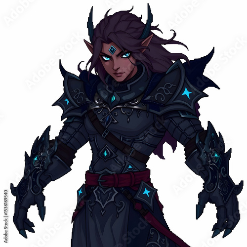 dark shadow elf warrior, black armor, glowing blue eyes, fantasy RPG character