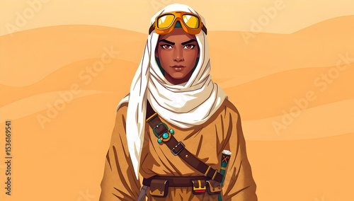 desert nomad warrior, tan robes, scarf, fantasy RPG character