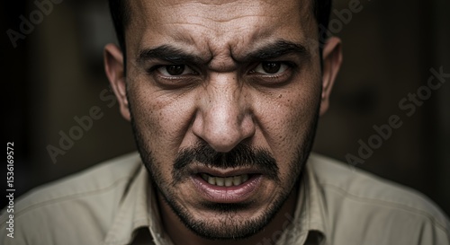 Angry Man Close Up Portrait, Intense Facial Expression, Frustration, Rage, Aggression, Dark Moody, Gritty, Dramatic, Human Emotion, Powerful,  Serious,  Close-up Photography