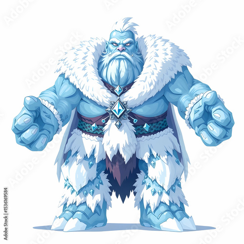 massive frost giant with icy blue skin, fur cloak, fantasy RPG boss